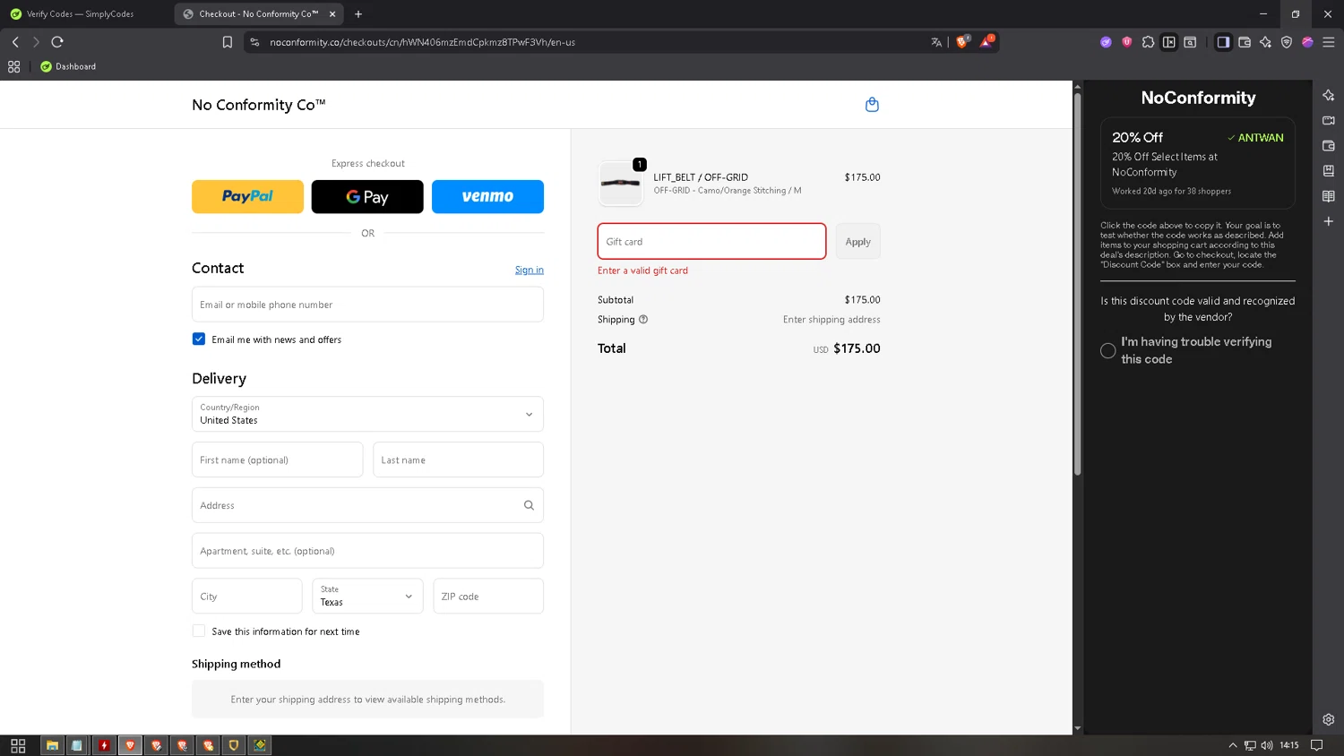NoConformity promo code screenshot showing code ANTWAN applied at NoConformity checkout page. Uploaded by SimplyCodes community member SilverTitan9597 on Oct 11, 2025