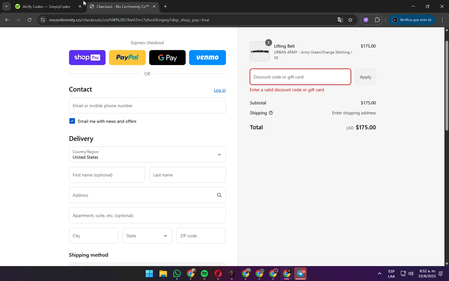 NoConformity promo code screenshot showing code WELCOMENOCO20 applied at NoConformity checkout page. Uploaded by SimplyCodes community member AshlyMichell on Aug 23, 2025