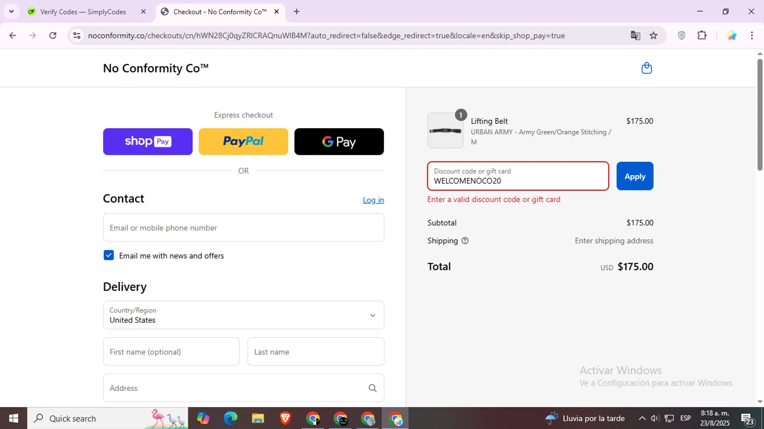 NoConformity promo code screenshot showing code WELCOMENOCO20 applied at NoConformity checkout page. Uploaded by SimplyCodes community member Estrellitacoairis on Aug 23, 2025