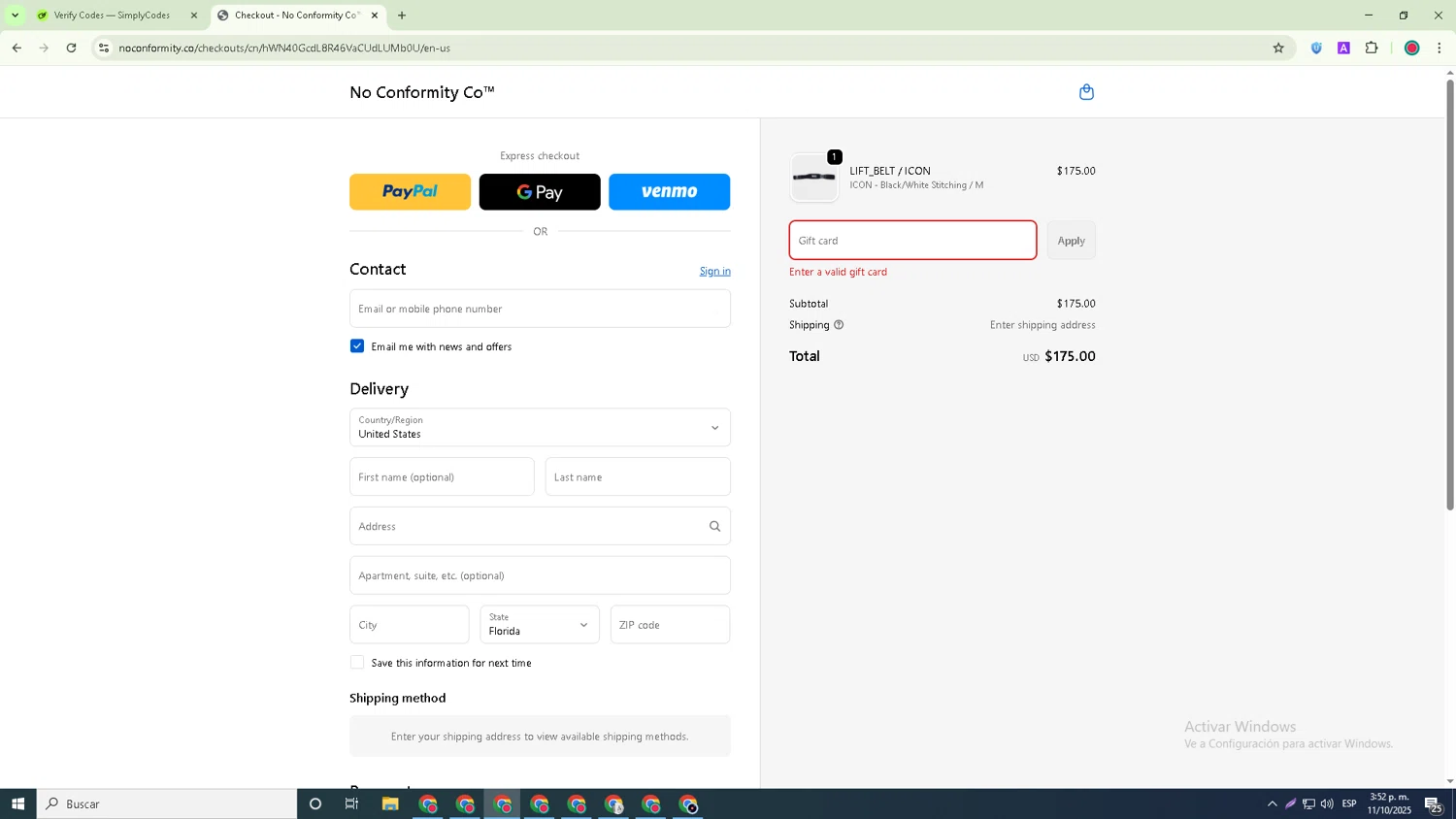 NoConformity promo code screenshot showing code BENITEZ15 applied at NoConformity checkout page. Uploaded by SimplyCodes community member Robert_Williams on Oct 11, 2025