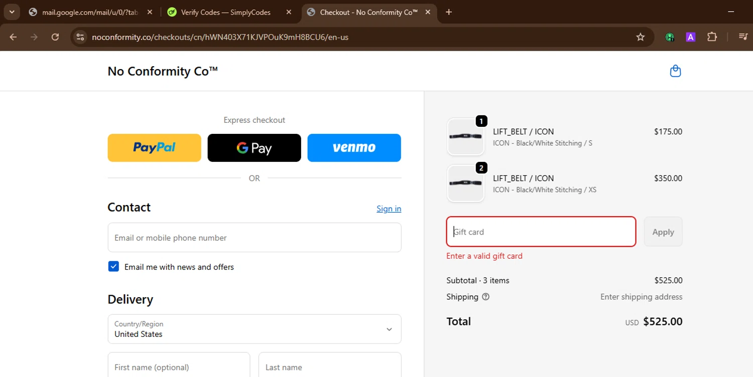 NoConformity promo code screenshot showing code BENITEZ15 applied at NoConformity checkout page. Uploaded by SimplyCodes community member SnoopDogg on Oct 11, 2025