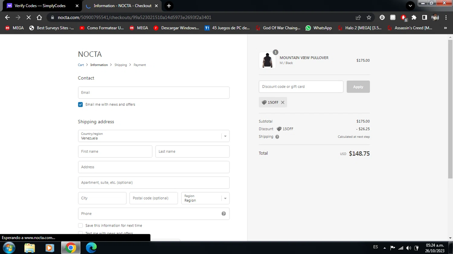 Nocta checkout page showing Nocta promo code box | Screenshot taken by SimplyCodes community member on Oct 26, 2023