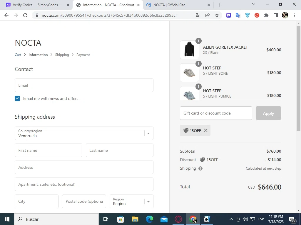 Nocta checkout page showing Nocta promo code box | Screenshot taken by SimplyCodes community member on Jul 18, 2023