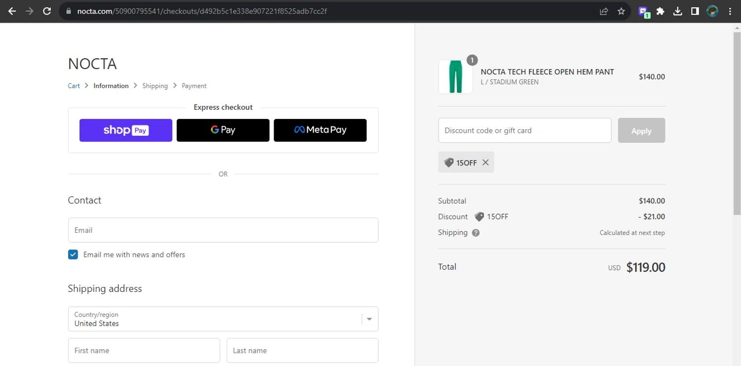 Nocta checkout page showing Nocta promo code box | Screenshot taken by SimplyCodes community member on Sep 14, 2023