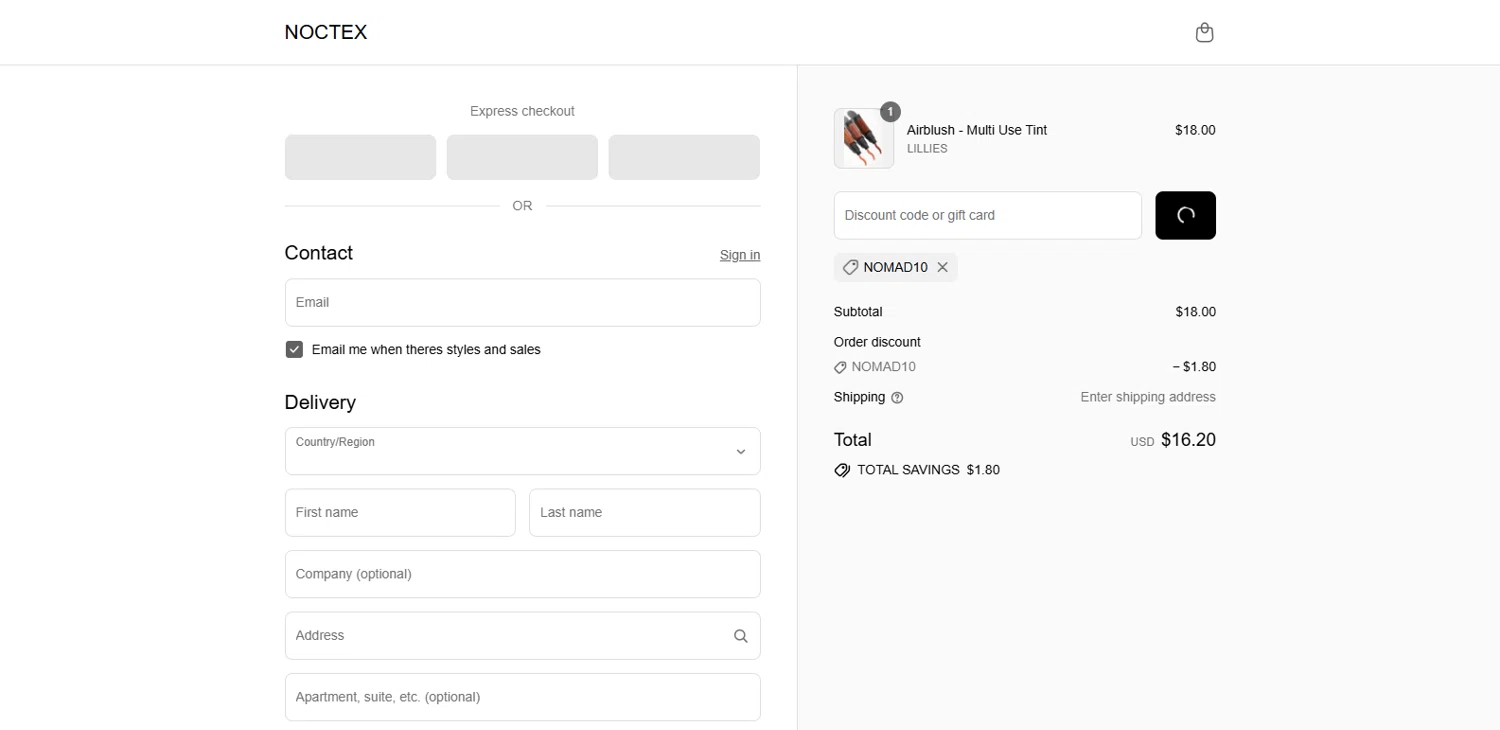 Noctex discount code screenshot showing code NOMAD10 applied at Noctex checkout page. Uploaded by SimplyCodes community member Alydrop on Sep 16, 2025