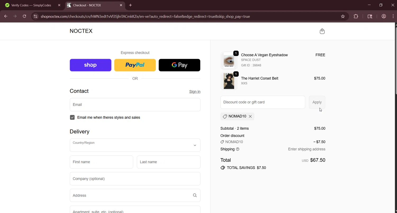 Noctex discount code screenshot showing code NOMAD10 applied at Noctex checkout page. Uploaded by SimplyCodes community member LuckyNavigator1490 on Oct 2, 2025