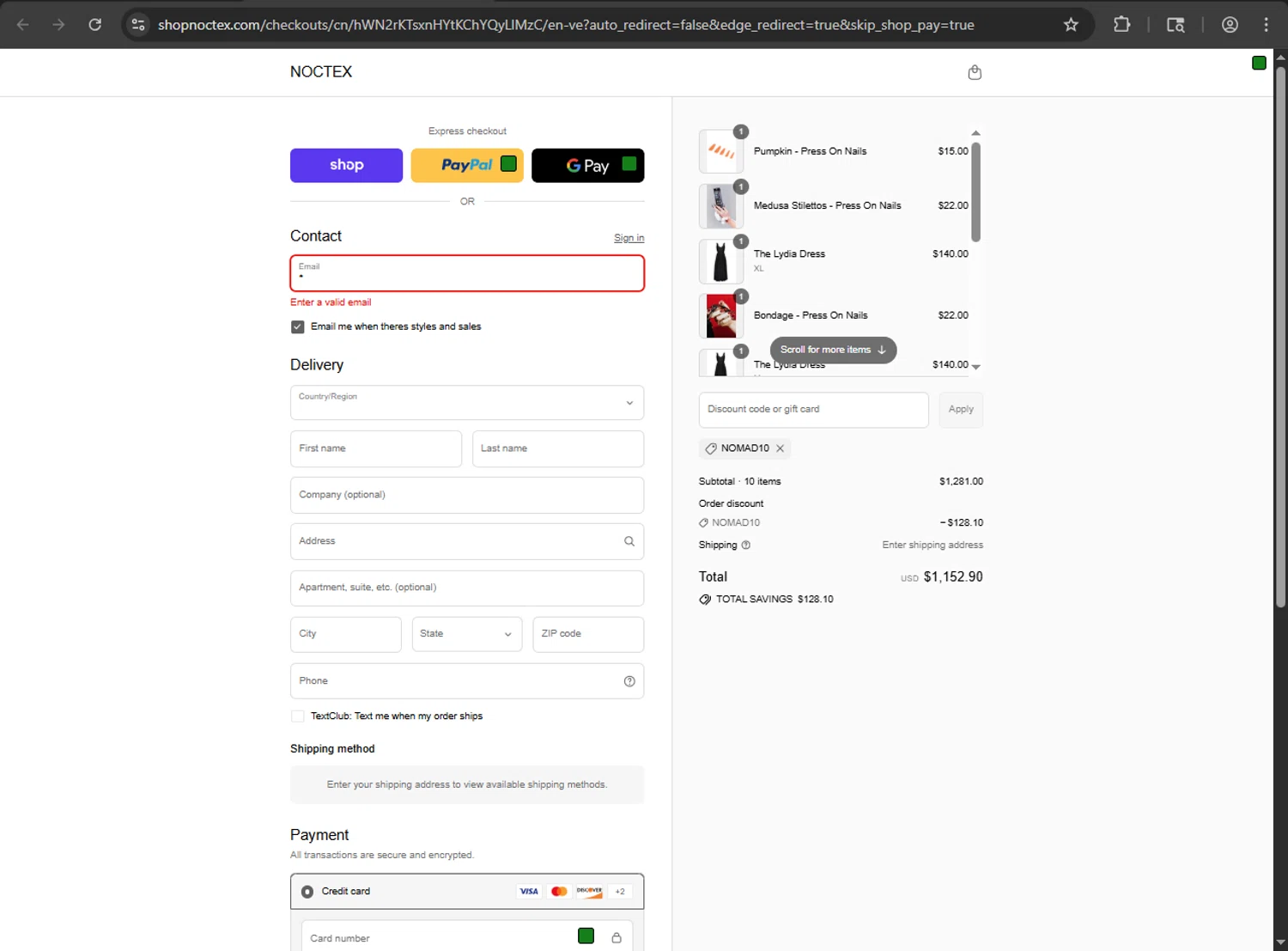 Noctex discount code screenshot showing code NOMAD10 applied at Noctex checkout page. Uploaded by SimplyCodes community member MAHORAGA on Sep 11, 2025