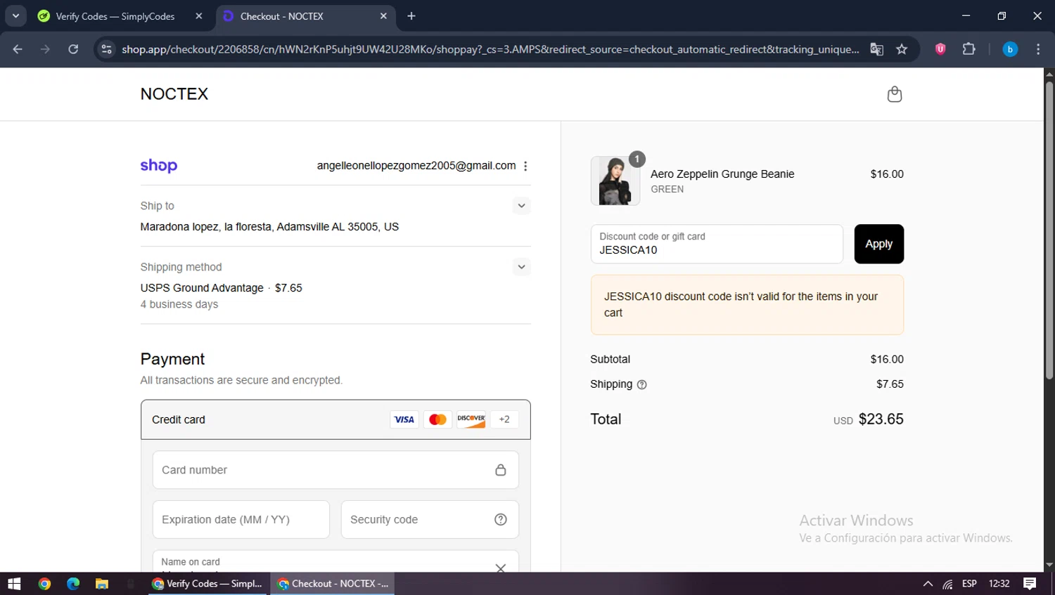 Noctex discount code screenshot showing code JESSICA10 applied at Noctex checkout page. Uploaded by SimplyCodes community member bilijr on Sep 11, 2025