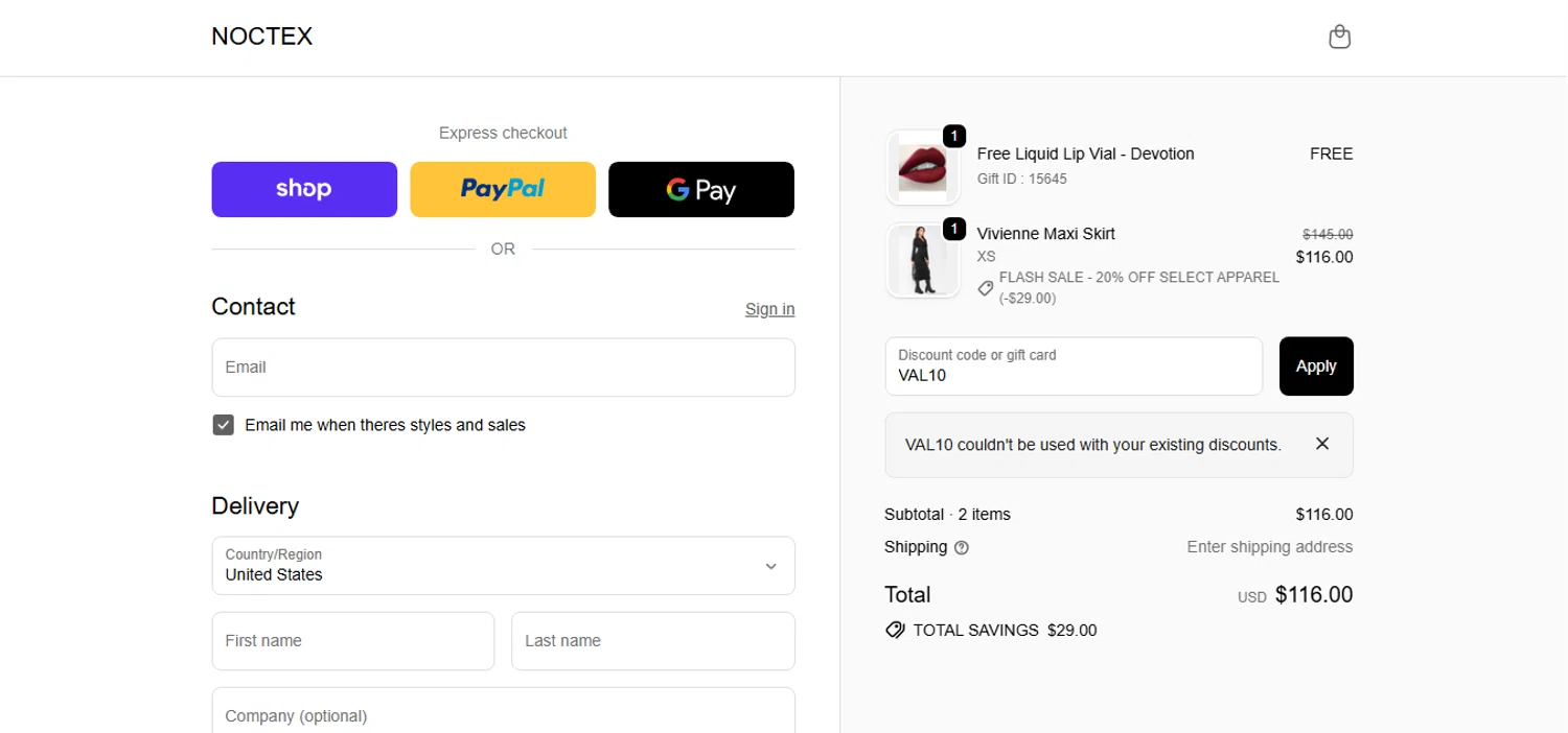 Noctex discount code screenshot showing code VAL10 applied at Noctex checkout page. Uploaded by SimplyCodes community member CashAce9852 on Nov 19, 2025