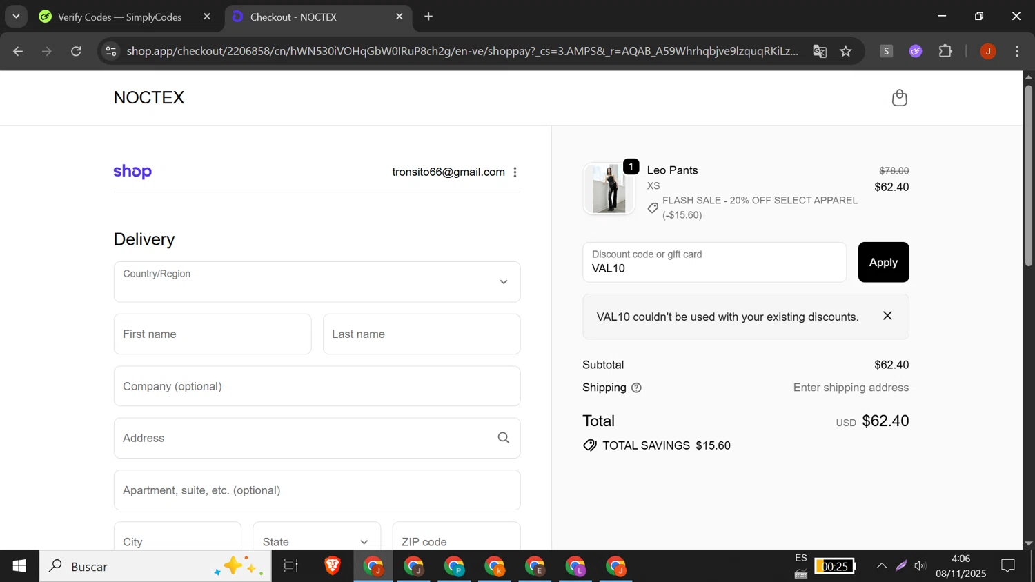 Noctex discount code screenshot showing code VAL10 applied at Noctex checkout page. Uploaded by SimplyCodes community member DORIANGEL on Nov 8, 2025