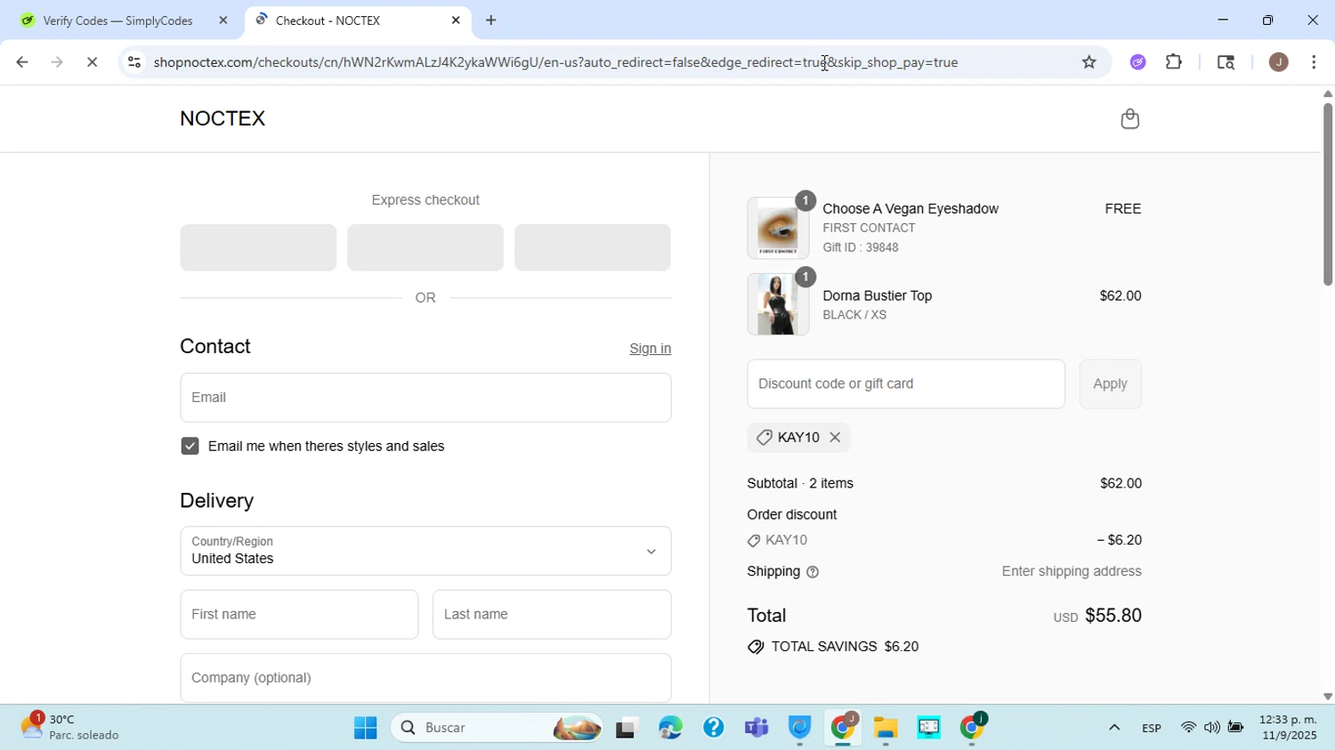 Noctex discount code screenshot showing code Kay10 applied at Noctex checkout page. Uploaded by SimplyCodes community member ABHF23 on Sep 11, 2025