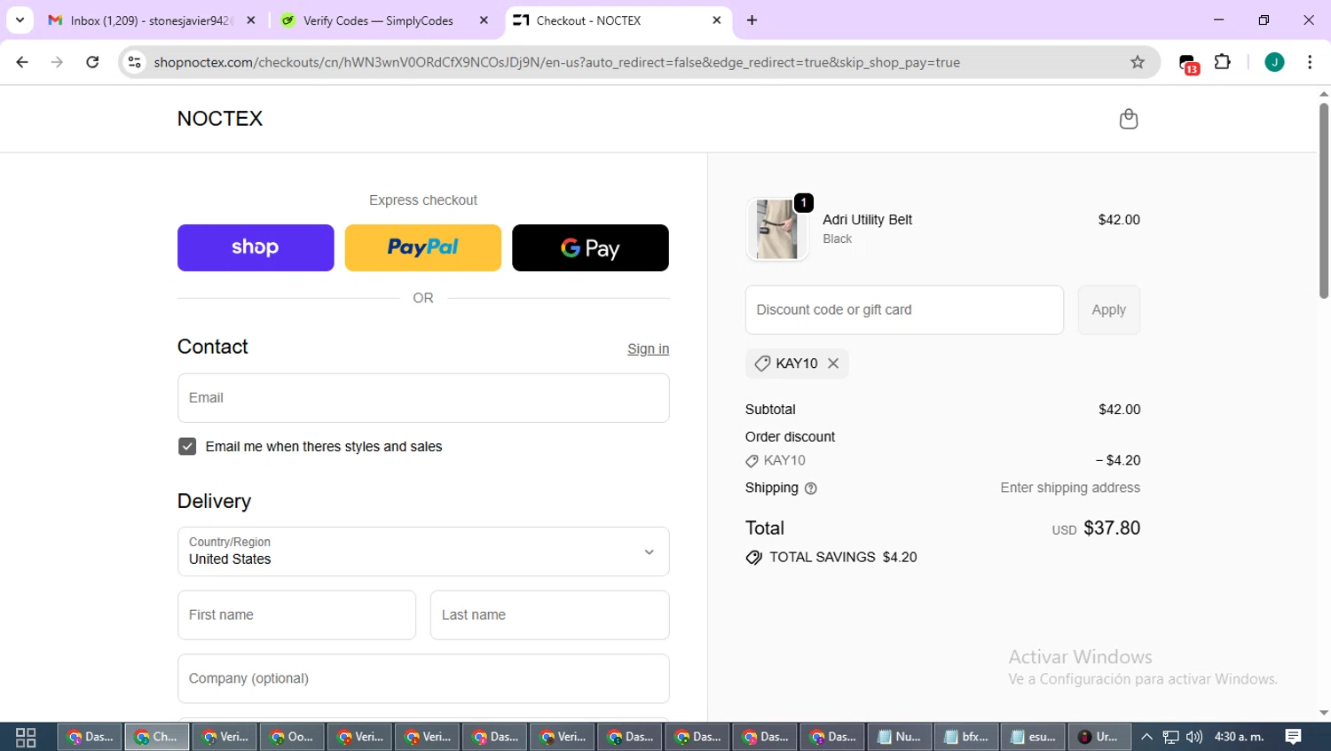 Noctex discount code screenshot showing code Kay10 applied at Noctex checkout page. Uploaded by SimplyCodes community member SavvyCurator1770 on Oct 10, 2025