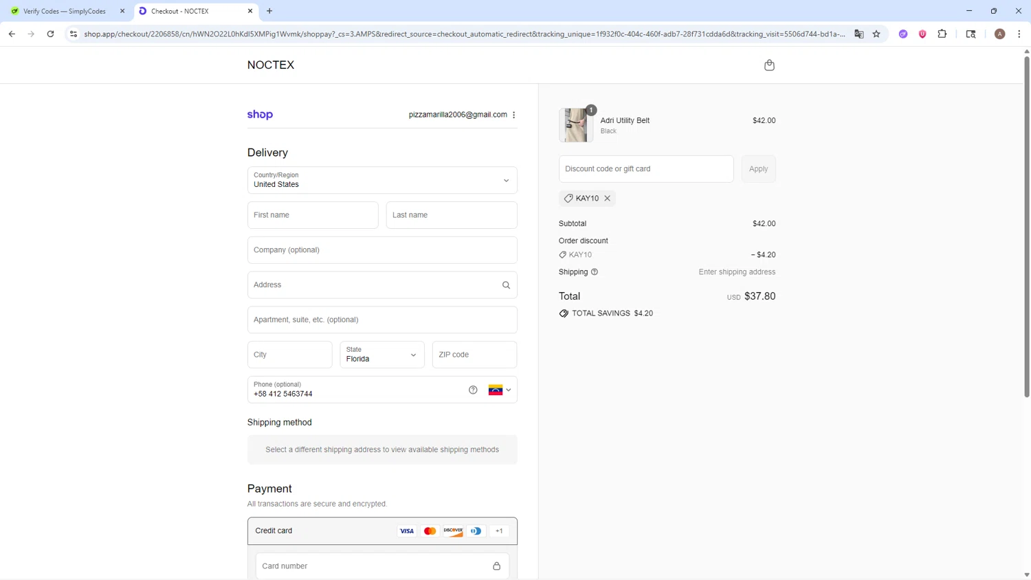 Noctex discount code screenshot showing code Kay10 applied at Noctex checkout page. Uploaded by SimplyCodes community member SwiftSage2309 on Aug 30, 2025