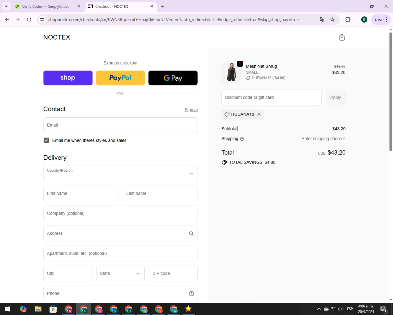 Noctex discount code screenshot showing code Hudana10 applied at Noctex checkout page. Uploaded by SimplyCodes community member 00000006 on Sep 20, 2025