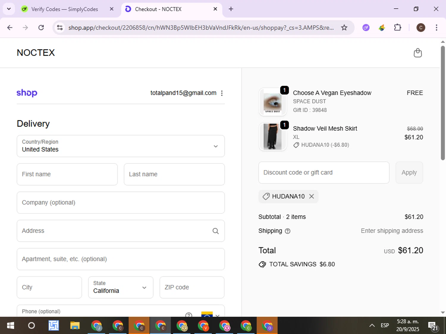 Noctex discount code screenshot showing code Hudana10 applied at Noctex checkout page. Uploaded by SimplyCodes community member ExtraordinaryPro8536 on Sep 20, 2025