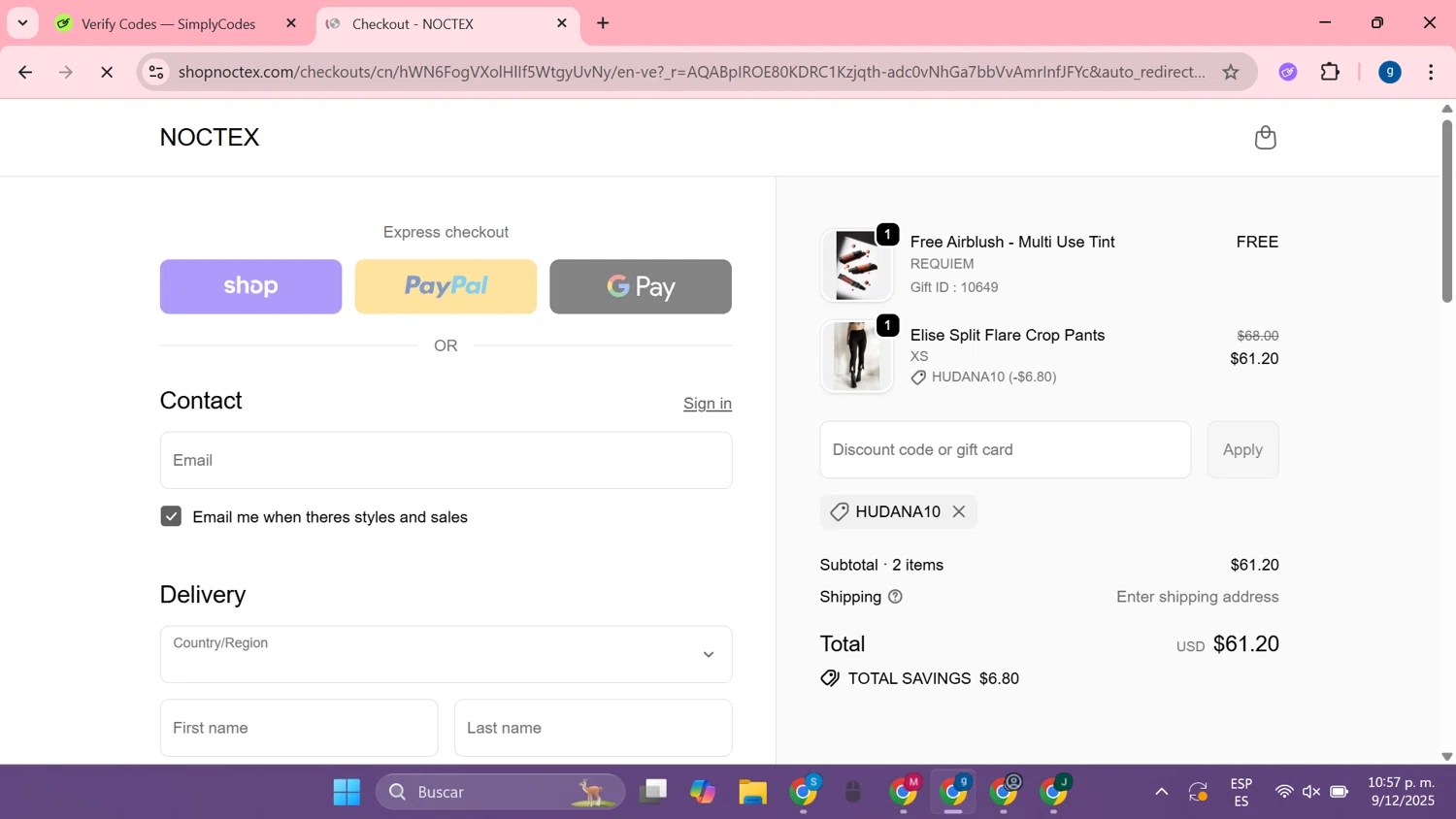 Noctex discount code screenshot showing code Hudana10 applied at Noctex checkout page. Uploaded by SimplyCodes community member MoneyTiger7289 on Dec 10, 2025