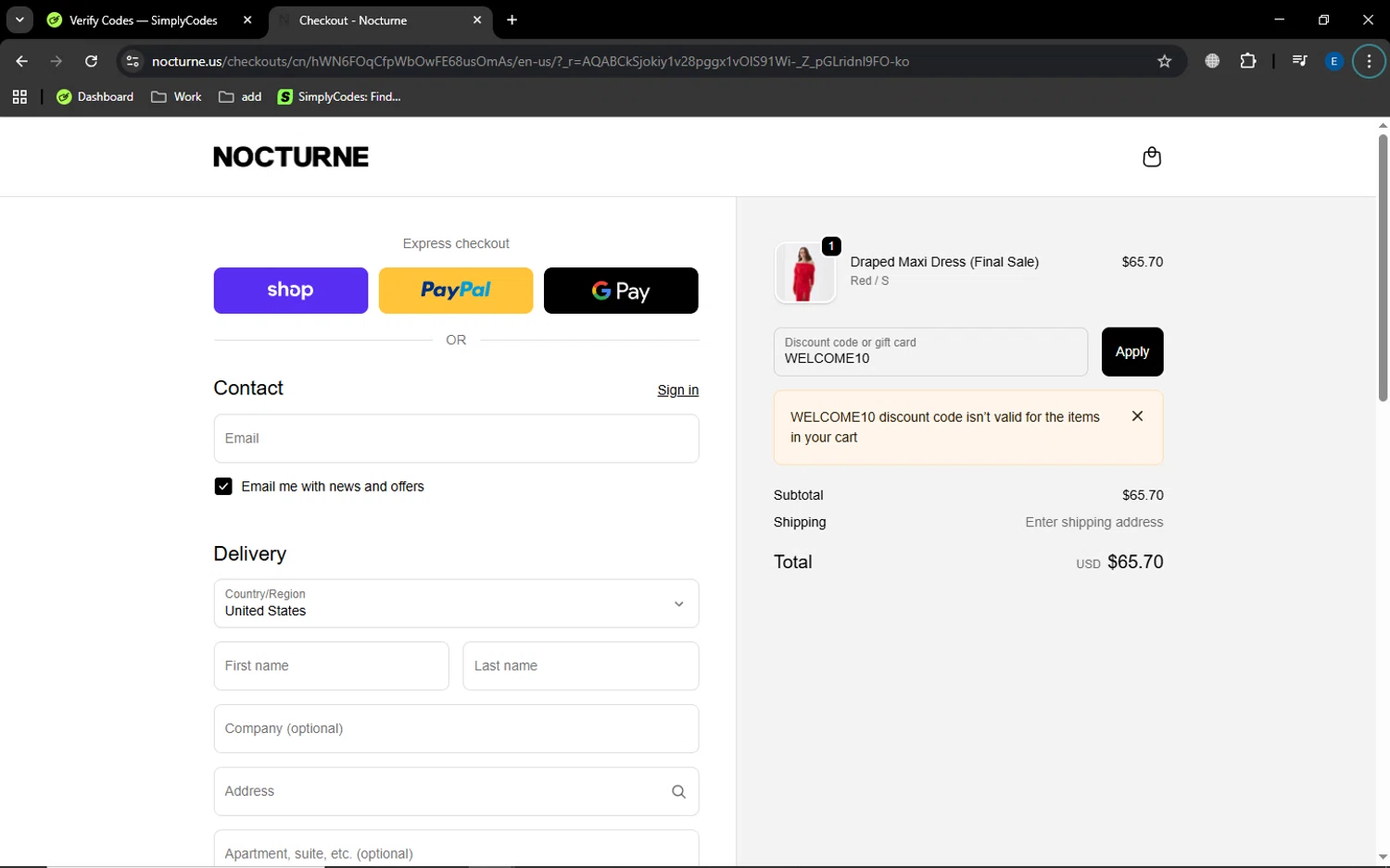 Nocturne discount code screenshot showing code WELCOME10 applied at Nocturne checkout page. Uploaded by SimplyCodes community member GoldSaver5472 on Dec 9, 2025