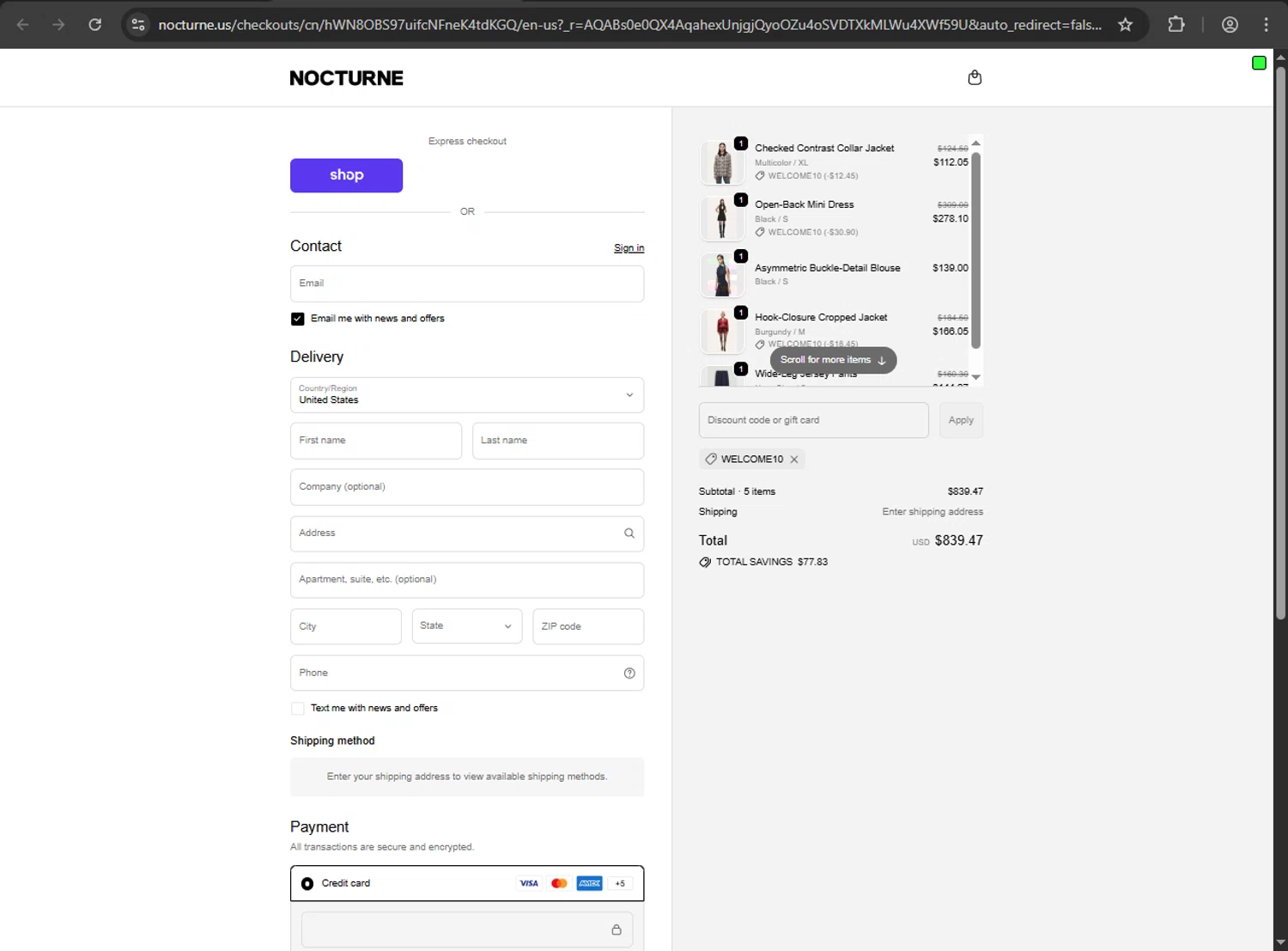 Nocturne discount code screenshot showing code WELCOME10 applied at Nocturne checkout page. Uploaded by SimplyCodes community member megagei on Feb 4, 2026