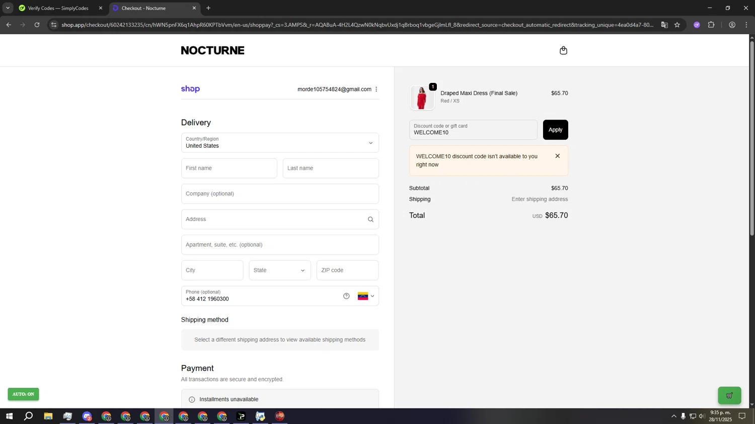 Nocturne discount code screenshot showing code WELCOME10 applied at Nocturne checkout page. Uploaded by SimplyCodes community member gggggggggggggggggggggg on Nov 29, 2025