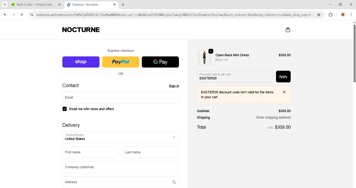 Nocturne discount code screenshot showing code EASTER20 applied at Nocturne checkout page. Uploaded by SimplyCodes community member JosephStevens774 on Dec 15, 2025