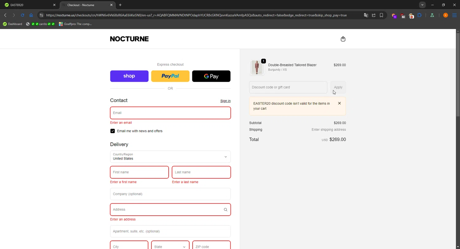 Nocturne discount code screenshot showing code EASTER20 applied at Nocturne checkout page. Uploaded by SimplyCodes community member LOgoter on Dec 27, 2025