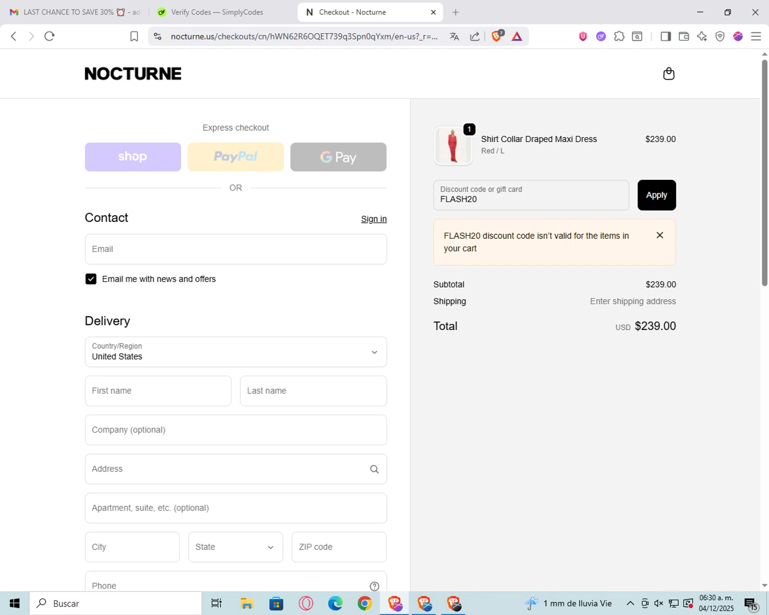Nocturne discount code screenshot showing code FLASH20 applied at Nocturne checkout page. Uploaded by SimplyCodes community member peachee on Dec 4, 2025