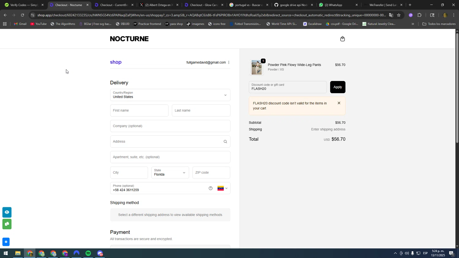 Nocturne discount code screenshot showing code FLASH20 applied at Nocturne checkout page. Uploaded by SimplyCodes community member DonPollito on Nov 13, 2025