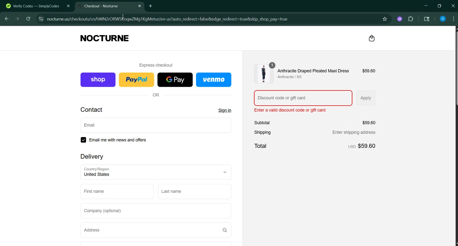 Nocturne discount code screenshot showing code LABORDAY20 applied at Nocturne checkout page. Uploaded by SimplyCodes community member GoldChaser6627 on Sep 11, 2025