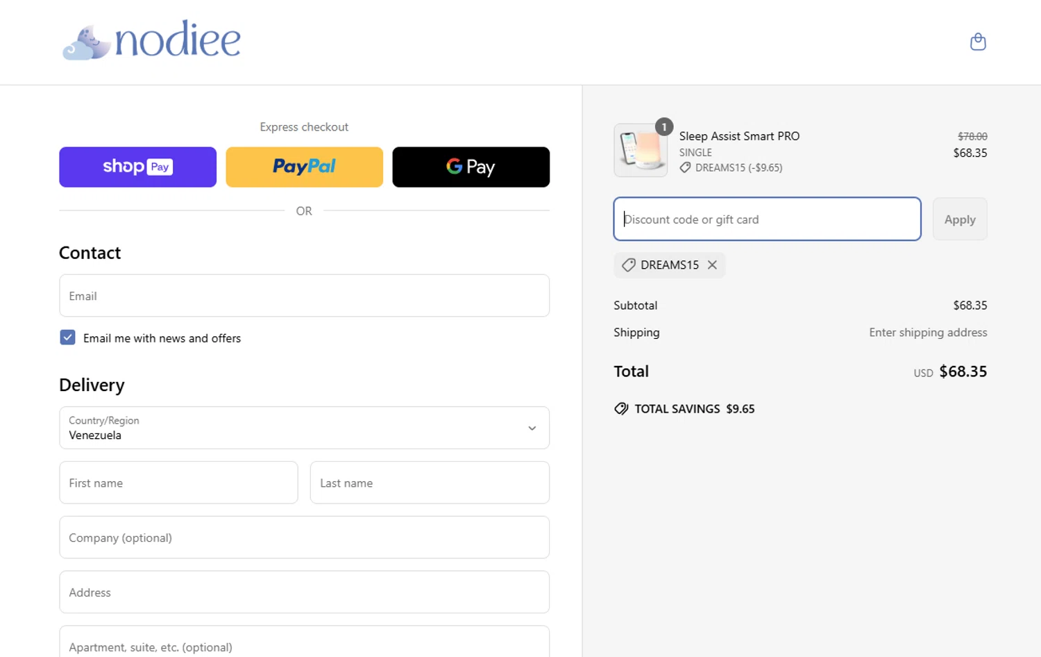 Nodiee discount code screenshot showing code DREAMS15 applied at Nodiee checkout page. Uploaded by SimplyCodes community member MagnificentSaver708 on Mar 27, 2025