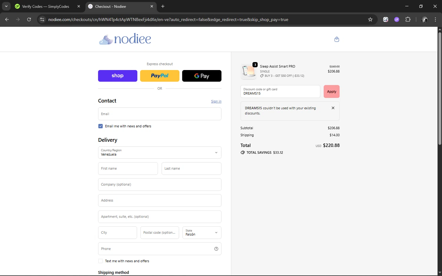 Nodiee discount code screenshot showing code DREAMS15 applied at Nodiee checkout page. Uploaded by SimplyCodes community member ELMARRON on Oct 24, 2025