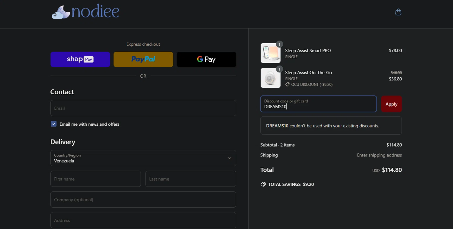 Nodiee discount code screenshot showing code DREAMS10 applied at Nodiee checkout page. Uploaded by SimplyCodes community member Pollofrito on Mar 27, 2025