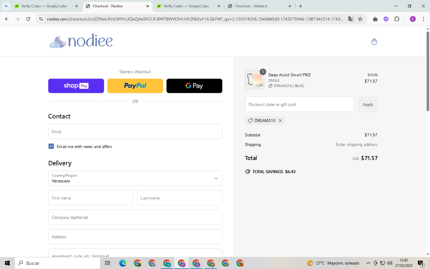 Nodiee discount code screenshot showing code DREAMS10 applied at Nodiee checkout page. Uploaded by SimplyCodes community member CleverSpotter6431 on Mar 27, 2025