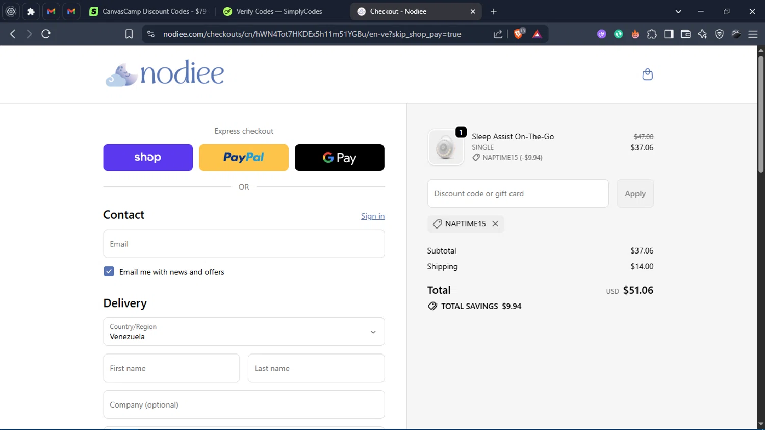 Nodiee discount code screenshot showing code NAPTIME15 applied at Nodiee checkout page. Uploaded by SimplyCodes community member Charlote on Oct 24, 2025