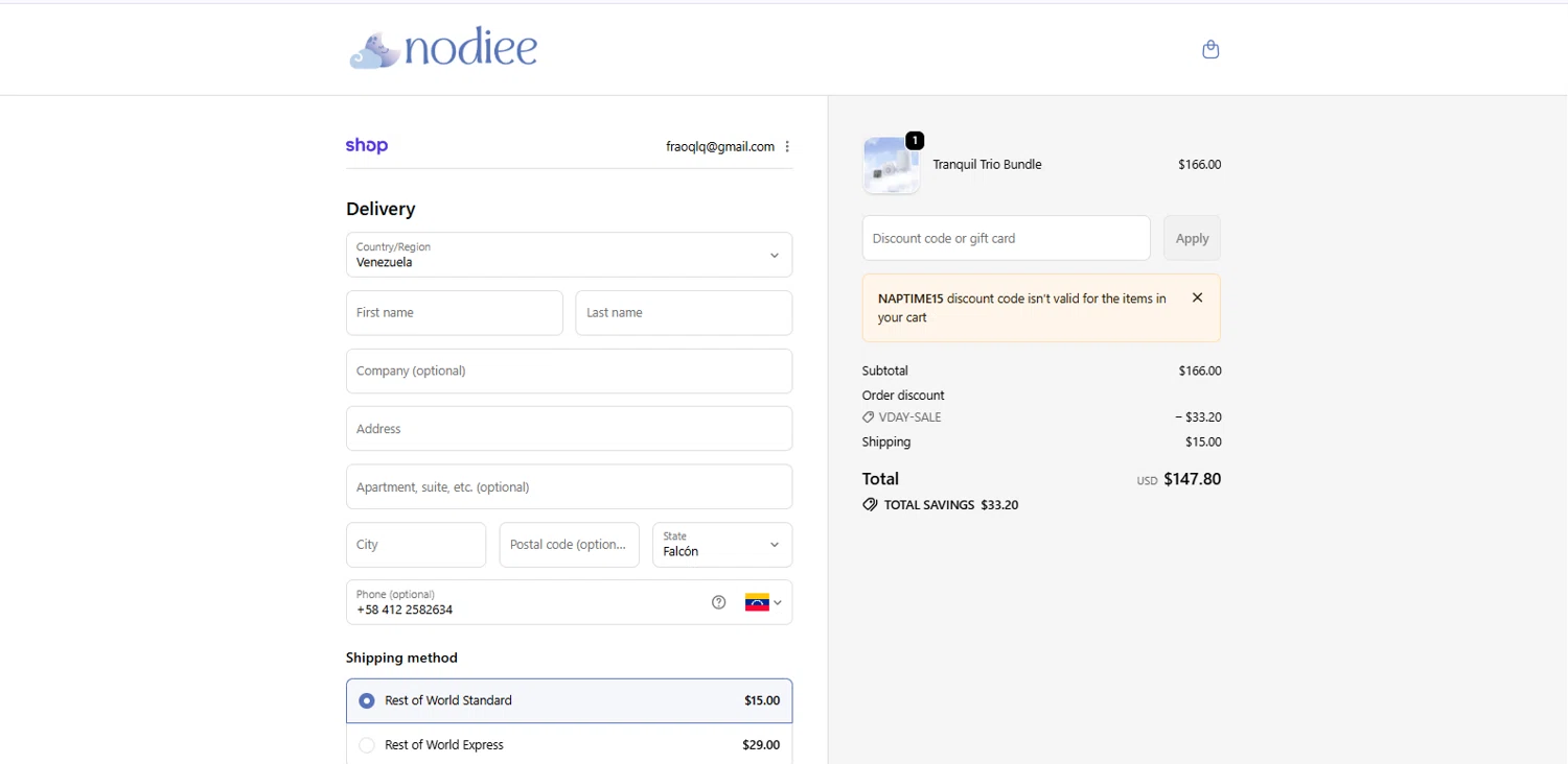 Nodiee checkout page showing Nodiee discount code box | Screenshot taken by SimplyCodes community member on Feb 10, 2026
