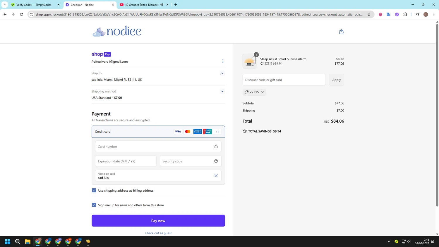 Nodiee discount code screenshot showing code ZZZ15 applied at Nodiee checkout page. Uploaded by SimplyCodes community member CashSleuth106 on Jun 16, 2025