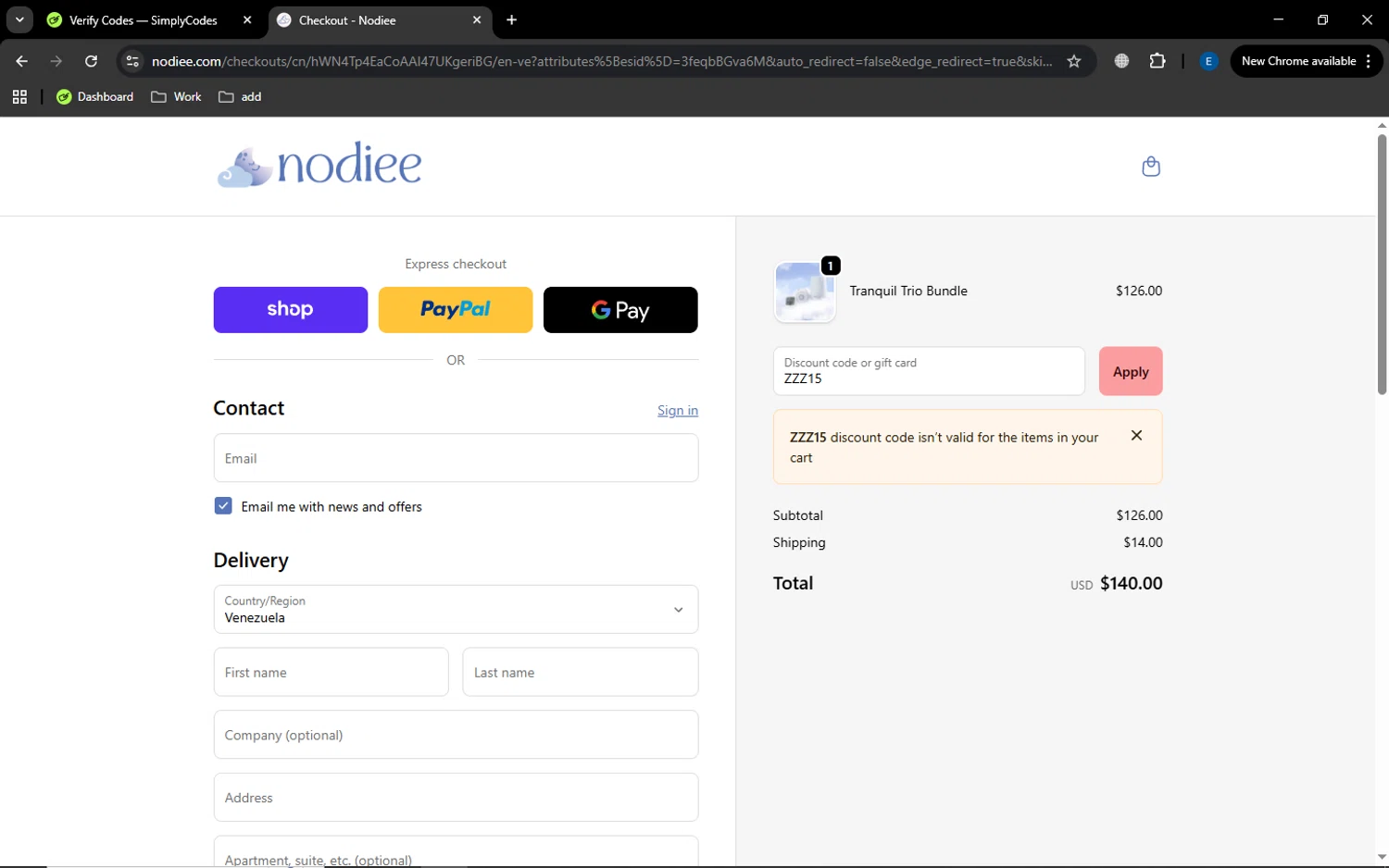 Nodiee discount code screenshot showing code ZZZ15 applied at Nodiee checkout page. Uploaded by SimplyCodes community member MoneyGenius452 on Oct 24, 2025