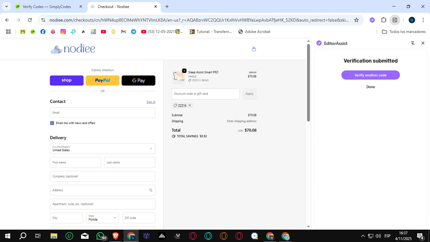 Nodiee discount code screenshot showing code ZZZ15 applied at Nodiee checkout page. Uploaded by SimplyCodes community member SunJinWoo on Nov 4, 2025