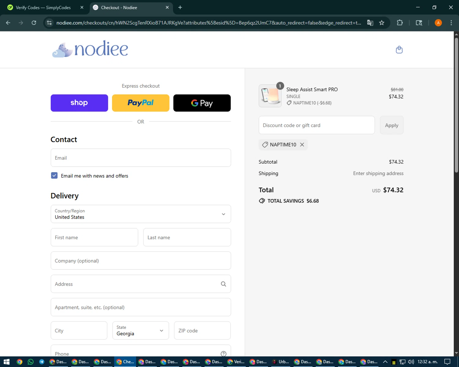 Nodiee discount code screenshot showing code NAPTIME10 applied at Nodiee checkout page. Uploaded by SimplyCodes community member MoneyPhoenix4664 on Sep 1, 2025
