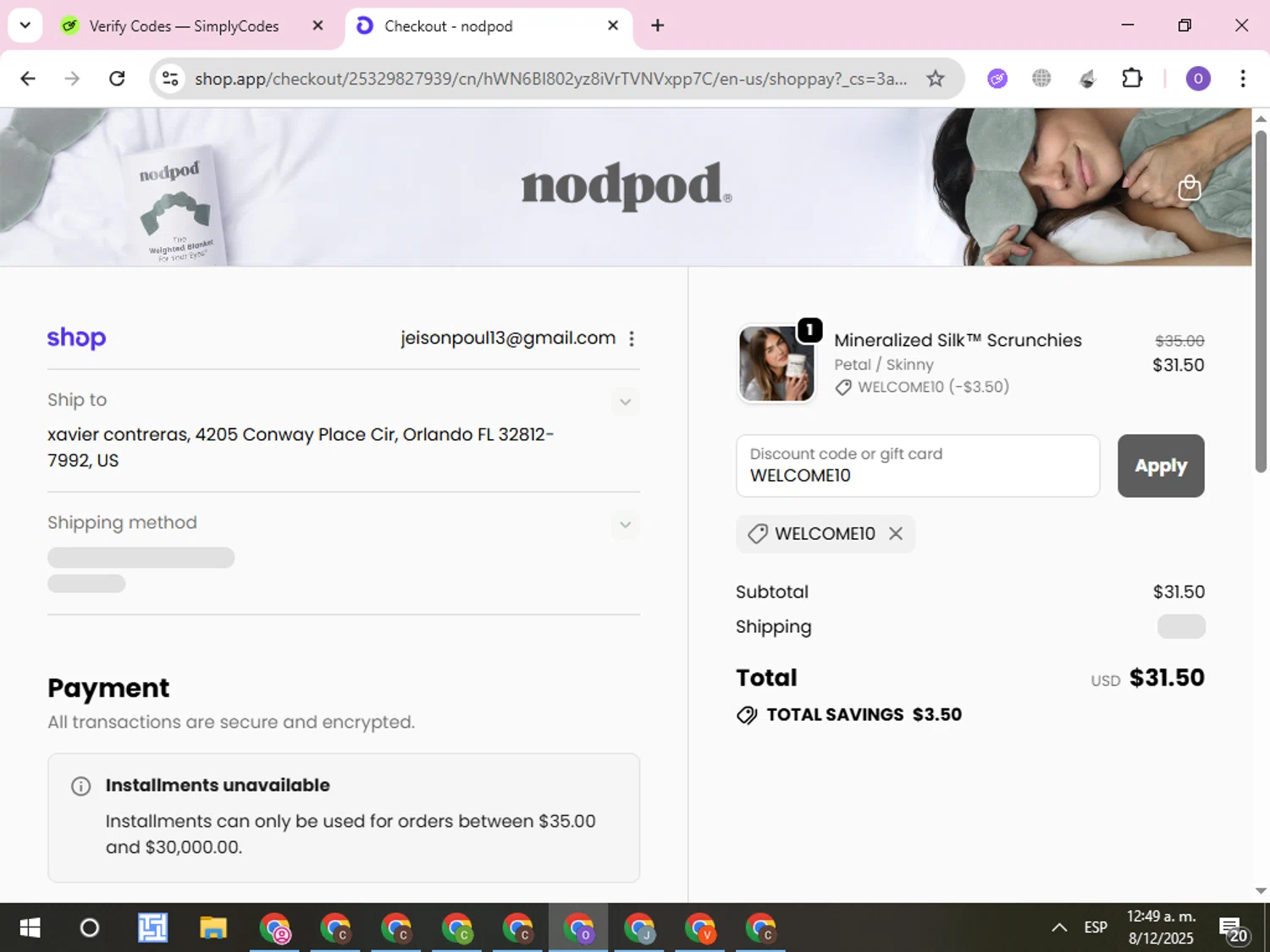 Nodpod discount code screenshot showing code WELCOME10 applied at Nodpod checkout page. Uploaded by SimplyCodes community member CleverLynx8245 on Dec 8, 2025