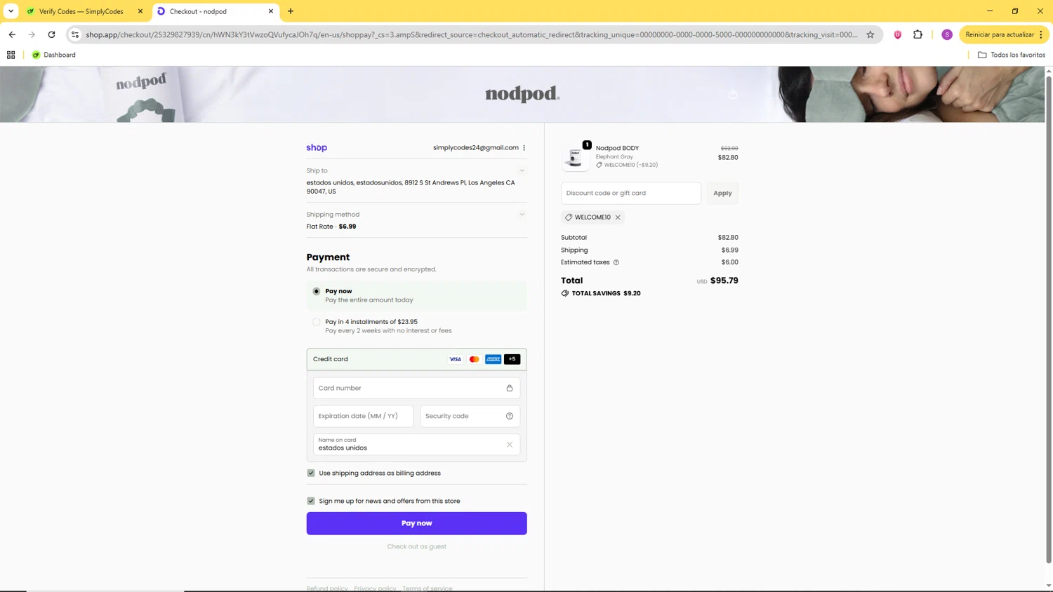 Nodpod discount code screenshot showing code WELCOME10 applied at Nodpod checkout page. Uploaded by SimplyCodes community member CoinChaser799 on Oct 5, 2025