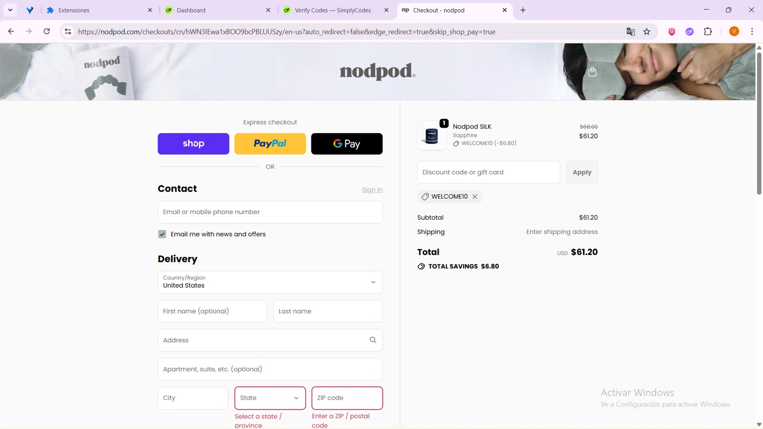 Nodpod discount code screenshot showing code WELCOME10 applied at Nodpod checkout page. Uploaded by SimplyCodes community member VoucherShopper4674 on Sep 23, 2025