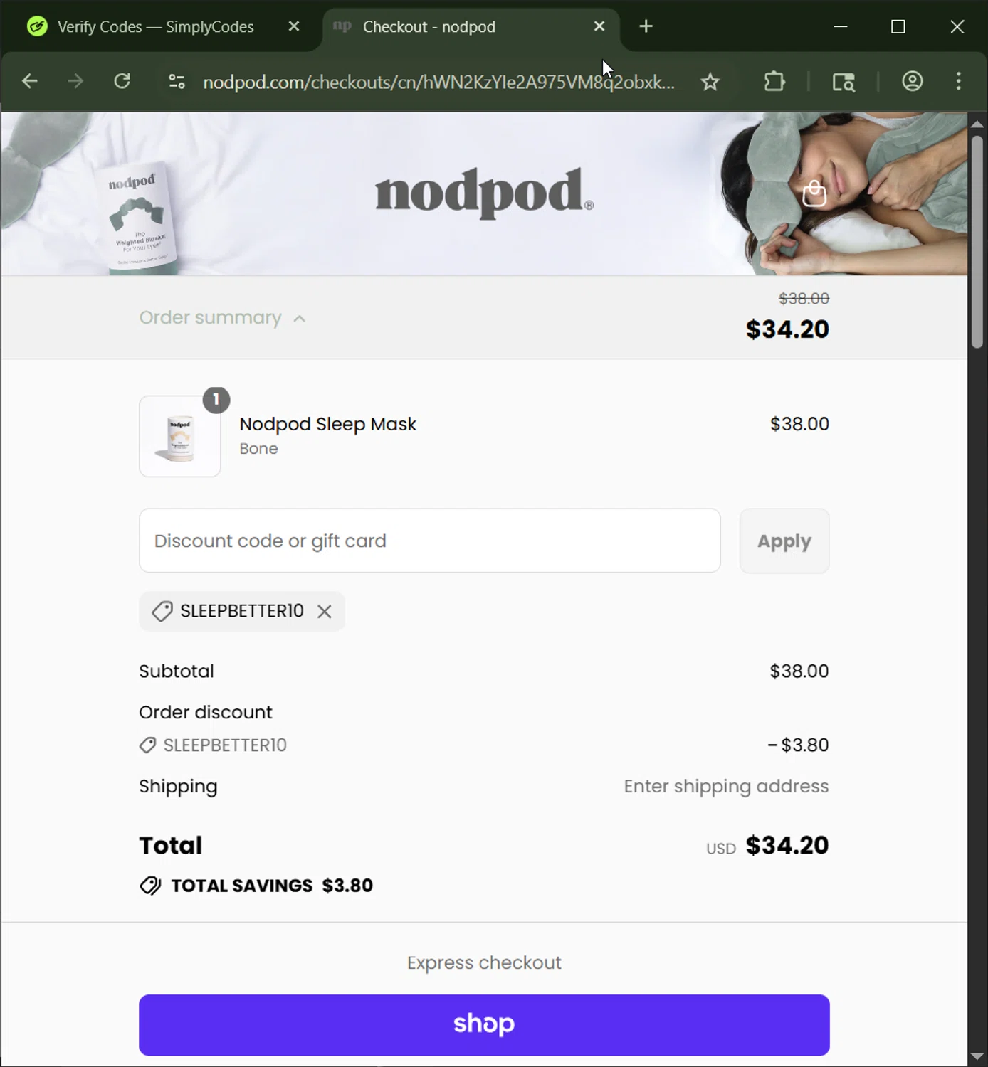 Nodpod discount code screenshot showing code SLEEPBETTER10 applied at Nodpod checkout page. Uploaded by SimplyCodes community member CashWizard4502 on Aug 28, 2025