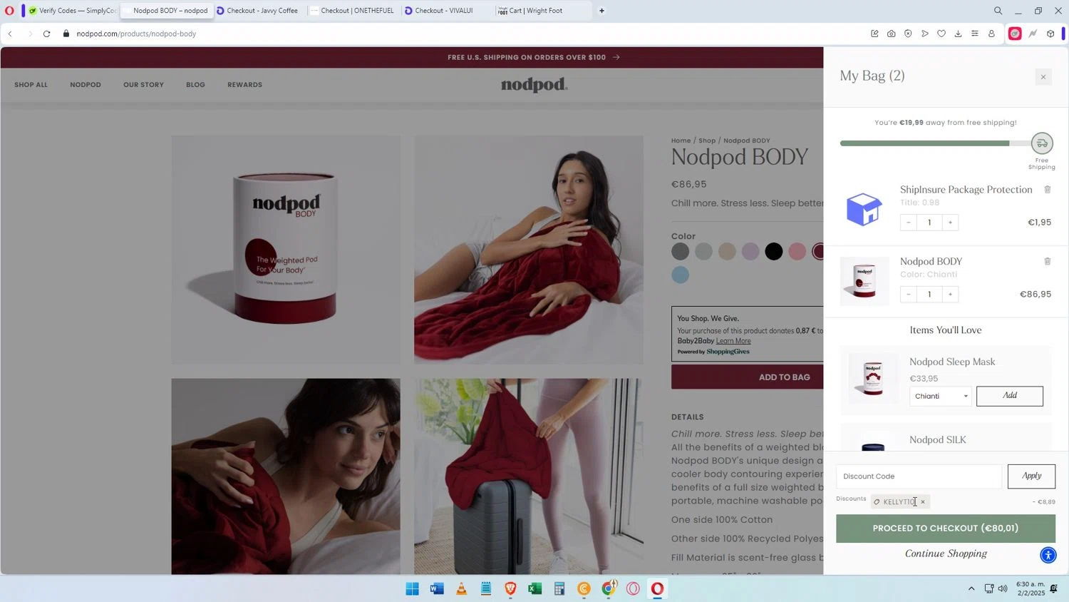 Nodpod discount code screenshot showing code KELLYT10 applied at Nodpod checkout page. Uploaded by SimplyCodes community member Darkosukaru on Feb 2, 2025