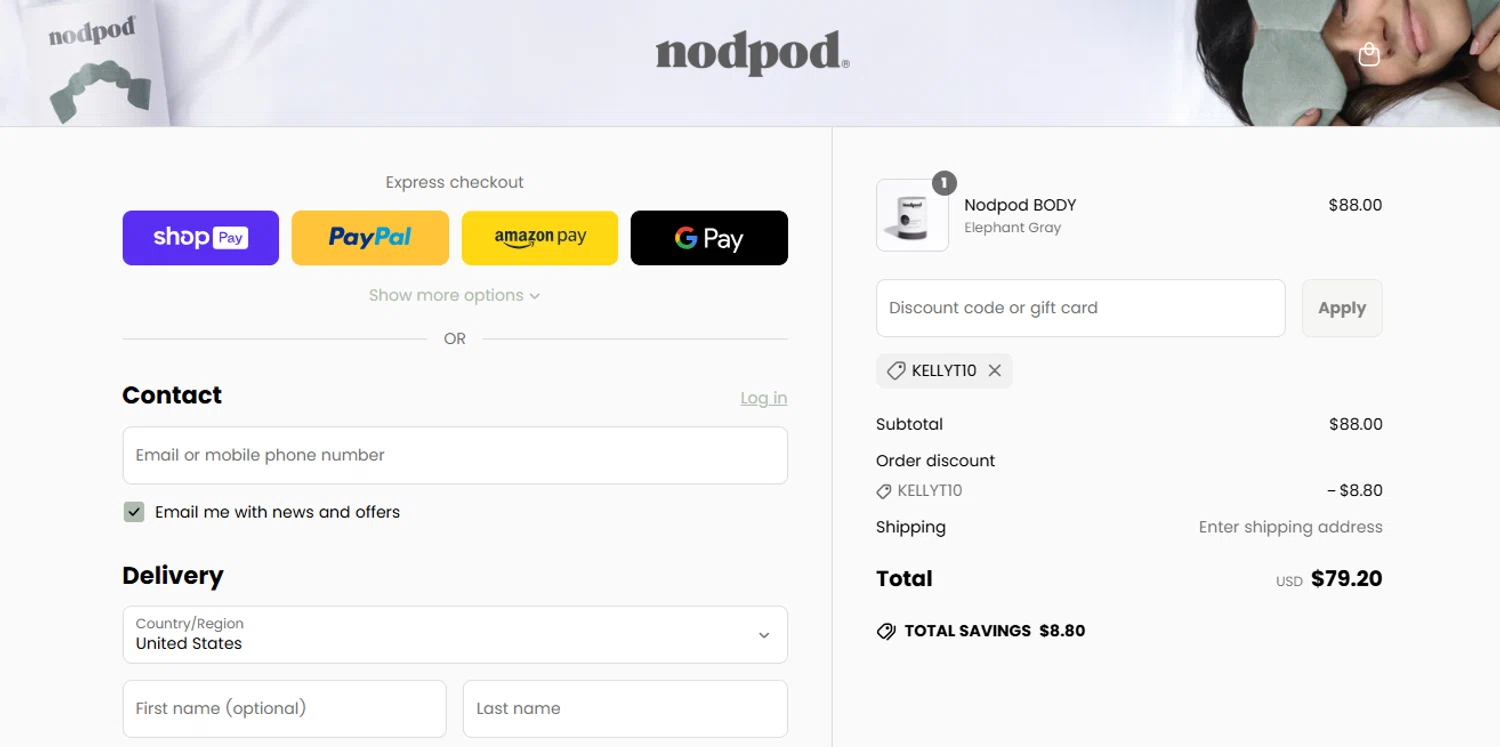 Nodpod discount code screenshot showing code KELLYT10 applied at Nodpod checkout page. Uploaded by SimplyCodes community member DiscountVoyager9396 on Jun 17, 2025