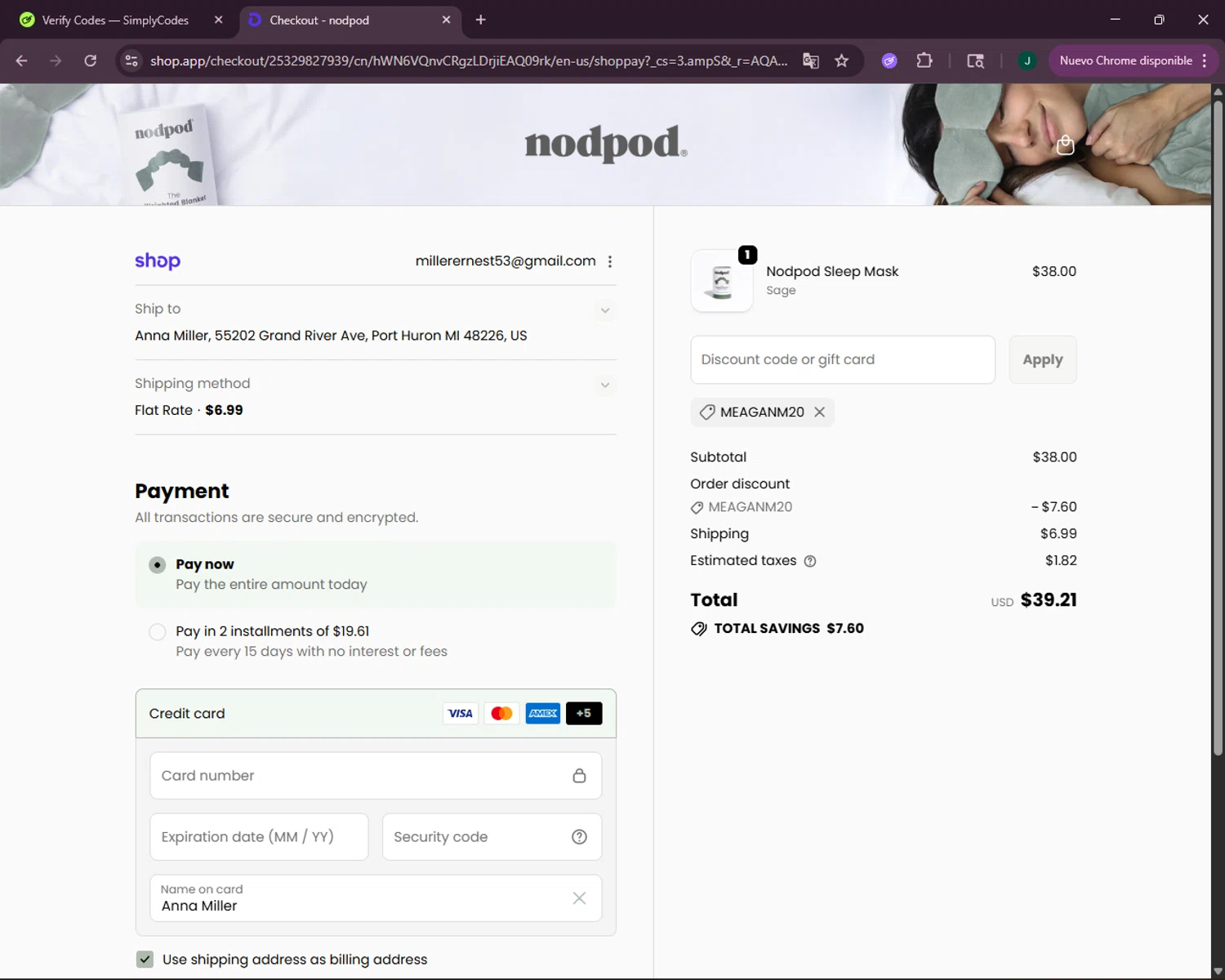 Nodpod discount code screenshot showing code MEAGANM20 applied at Nodpod checkout page. Uploaded by SimplyCodes community member VictoriousOwl2774 on Dec 16, 2025