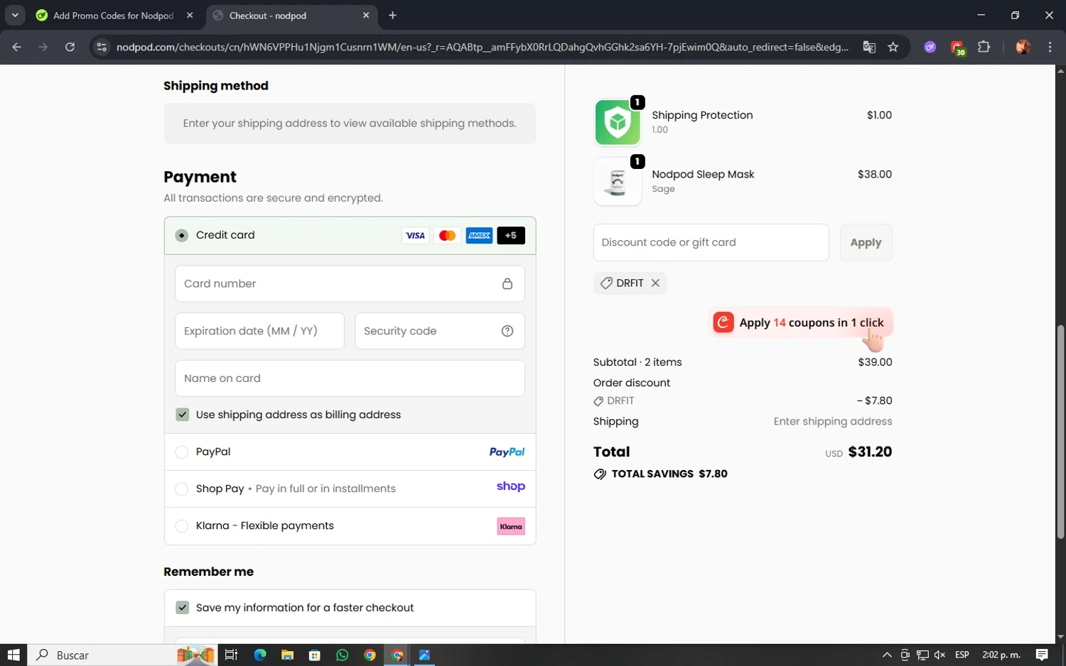 Nodpod discount code screenshot showing code DRFIT applied at Nodpod checkout page. Uploaded by SimplyCodes community member mellstroy on Dec 16, 2025