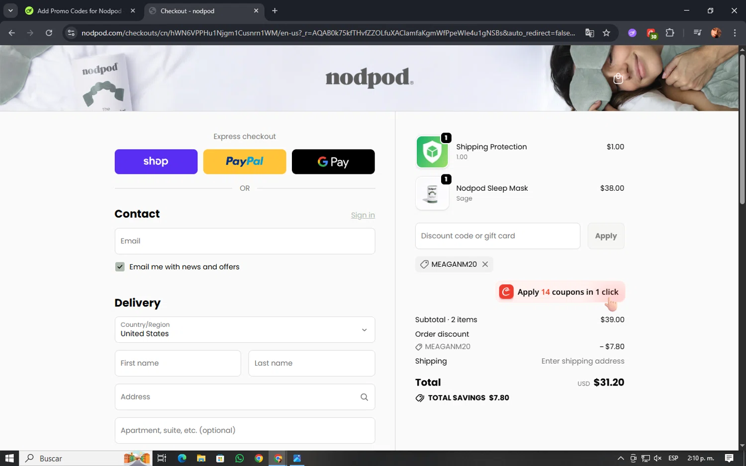 Nodpod discount code screenshot showing code MEAGANM20 applied at Nodpod checkout page. Uploaded by SimplyCodes community member mellstroy on Dec 16, 2025