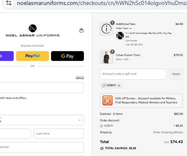 Noel Asmar Uniforms checkout page showing Noel Asmar Uniforms discount code box | Screenshot taken by SimplyCodes community member on Sep 7, 2025