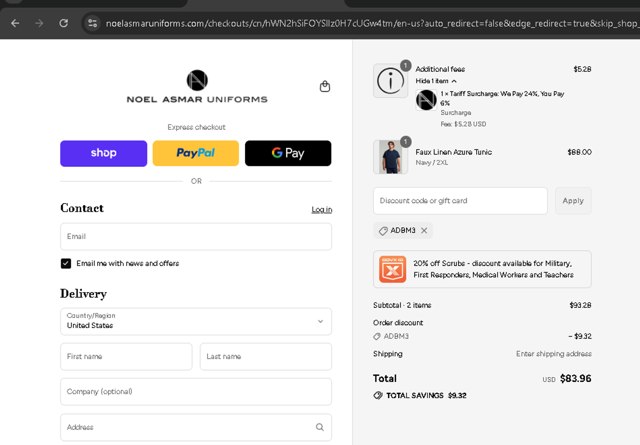 Noel Asmar Uniforms checkout page showing Noel Asmar Uniforms discount code box | Screenshot taken by SimplyCodes community member on Sep 7, 2025
