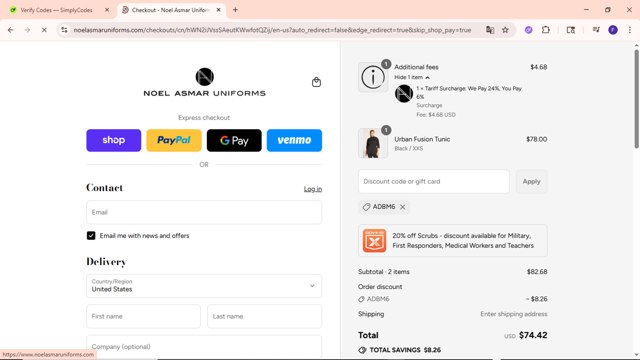 Noel Asmar Uniforms checkout page showing Noel Asmar Uniforms discount code box | Screenshot taken by SimplyCodes community member on Sep 7, 2025